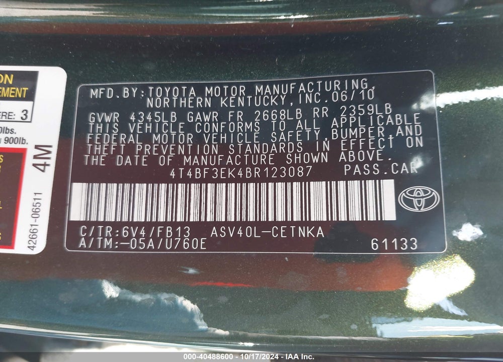 2011 TOYOTA CAMRY LE VIN: 4T4BF3EK4BR123087