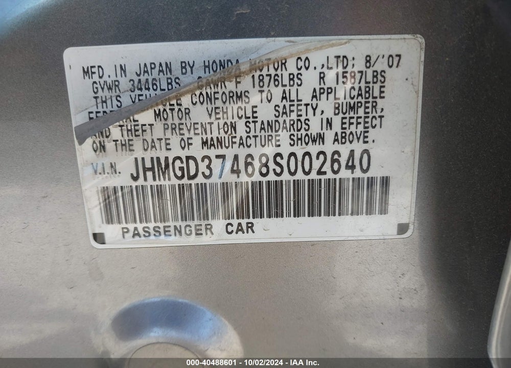 2008 HONDA FIT VIN: JHMGD37468S002640