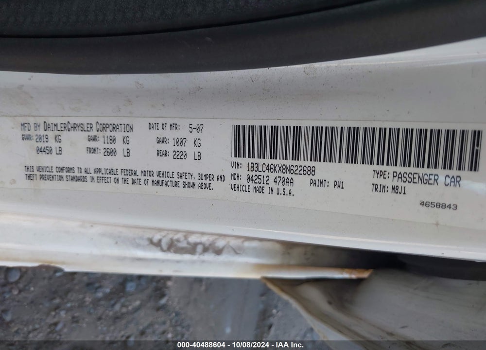2008 DODGE AVENGER SE VIN: 1B3LC46KX8N622688