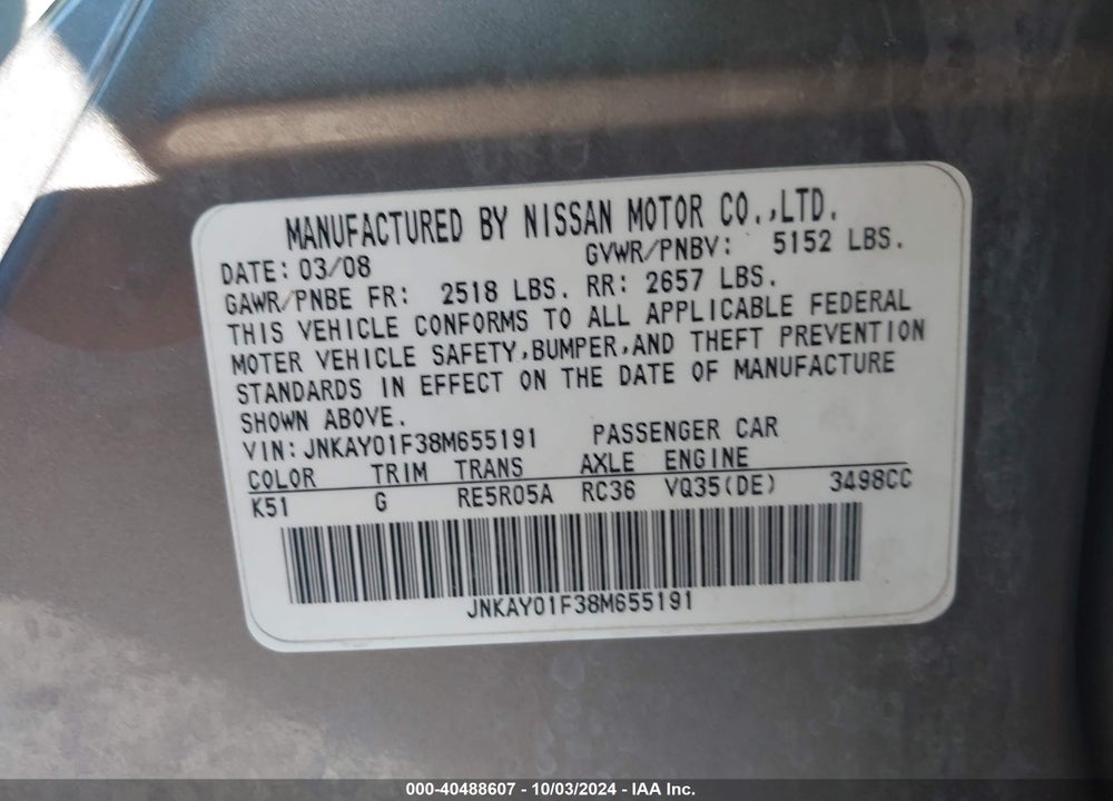 2008 INFINITI M35X VIN: JNKAY01F38M655191