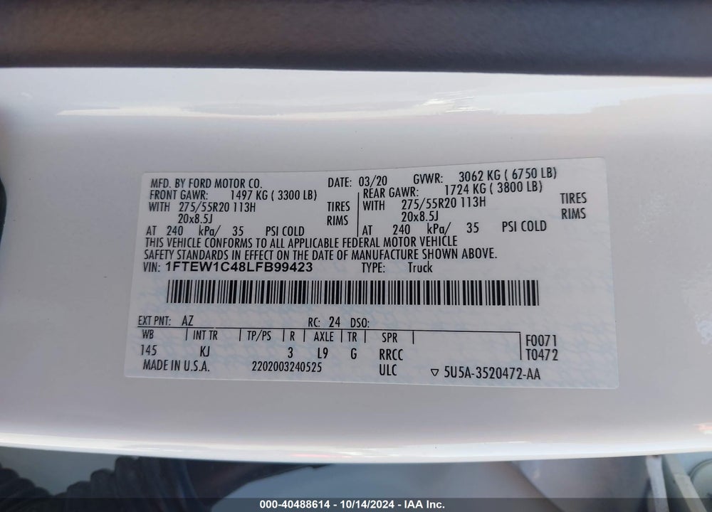 2020 FORD F-150 KING RANCH VIN: 1FTEW1C48LFB99423