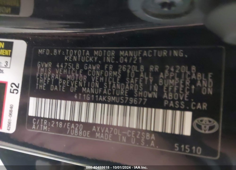 2021 TOYOTA CAMRY SE VIN: 4T1G11AK9MU579677