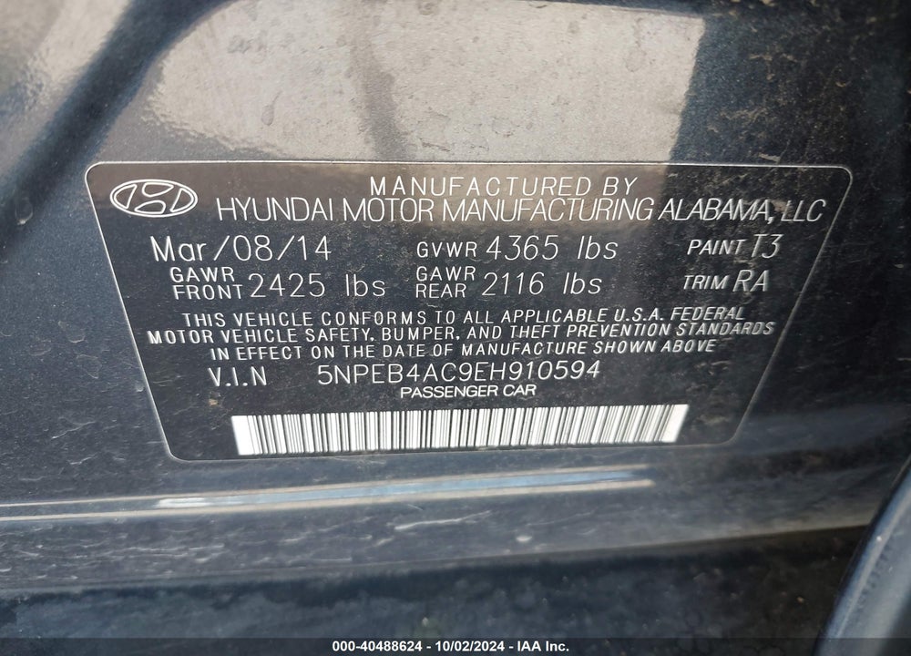 2014 HYUNDAI SONATA GLS VIN: 5NPEB4AC9EH910594