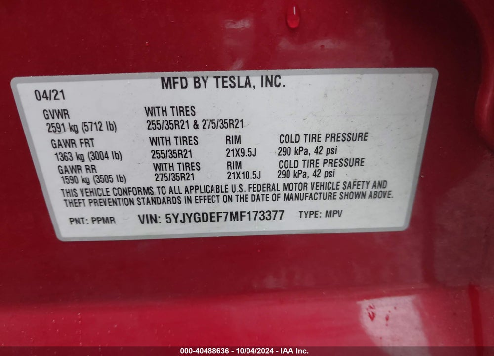 2021 TESLA MODEL Y PERFORMANCE DUAL MOTOR ALL-WHEEL DRIVE VIN: 5YJYGDEF7MF173377