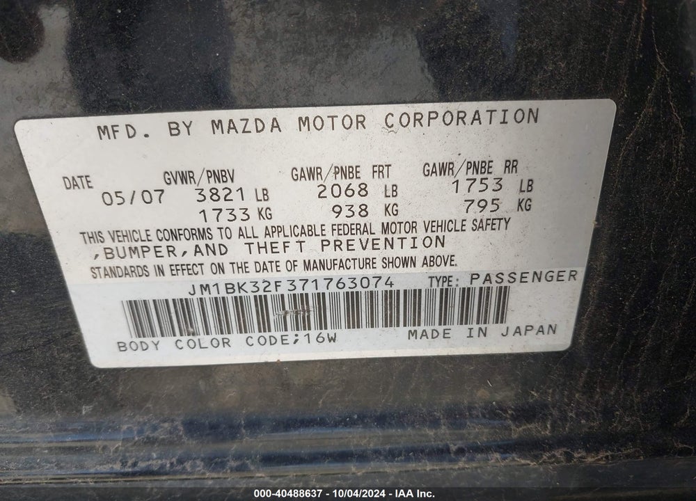 2007 MAZDA 3 I SPORT VIN: JM1BK32F371763074