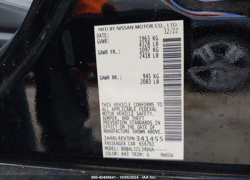 2023 NISSAN ALTIMA SL FWD VIN: 1N4BL4EV3PN341455