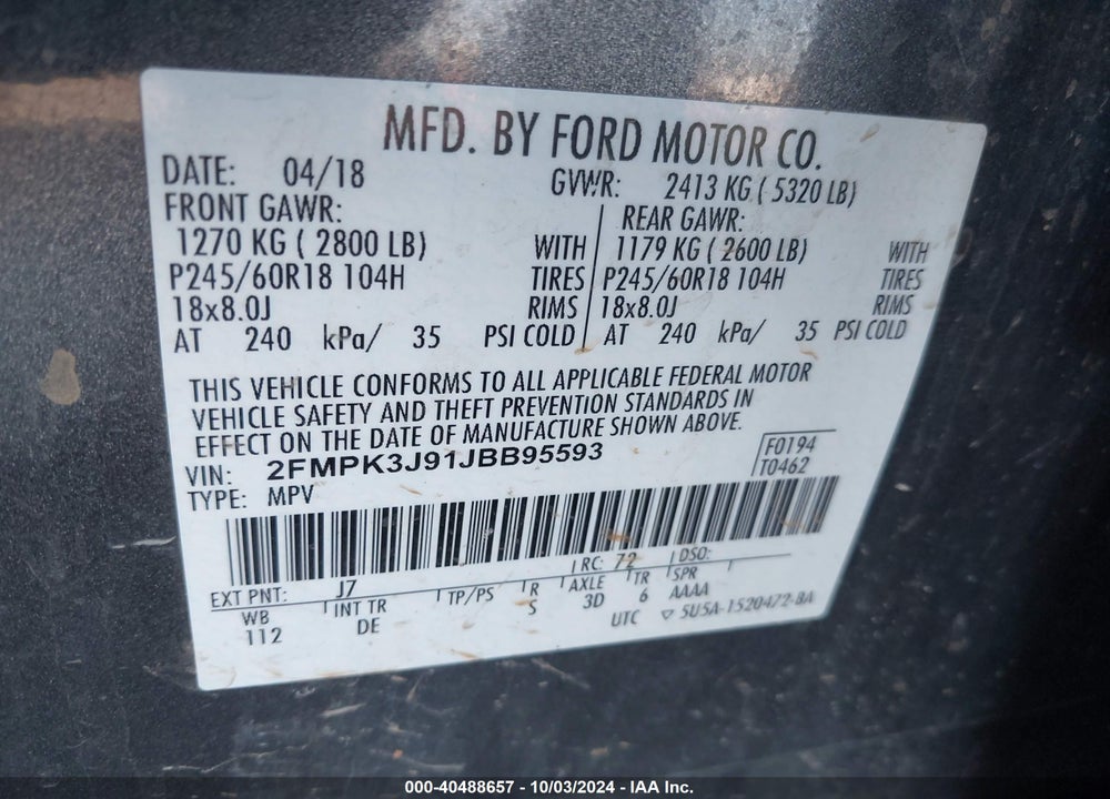 2018 FORD EDGE SEL VIN: 2FMPK3J91JBB95593
