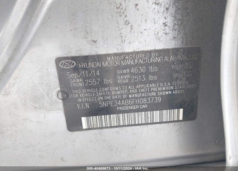 2015 HYUNDAI SONATA SPORT 2.0T VIN: 5NPE34AB6FH083739