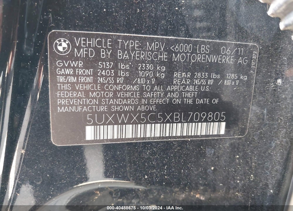 2011 BMW X3 XDRIVE28I VIN: 5UXWX5C5XBL709805