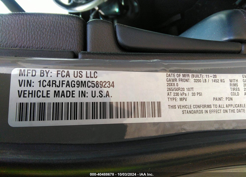2021 JEEP GRAND CHEROKEE LAREDO X 4X4 VIN: 1C4RJFAG9MC589234