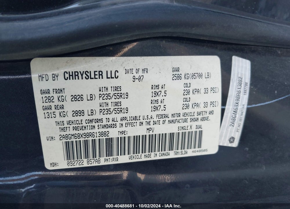 2008 CHRYSLER PACIFICA TOURING VIN: 2A8GM68X98R613882