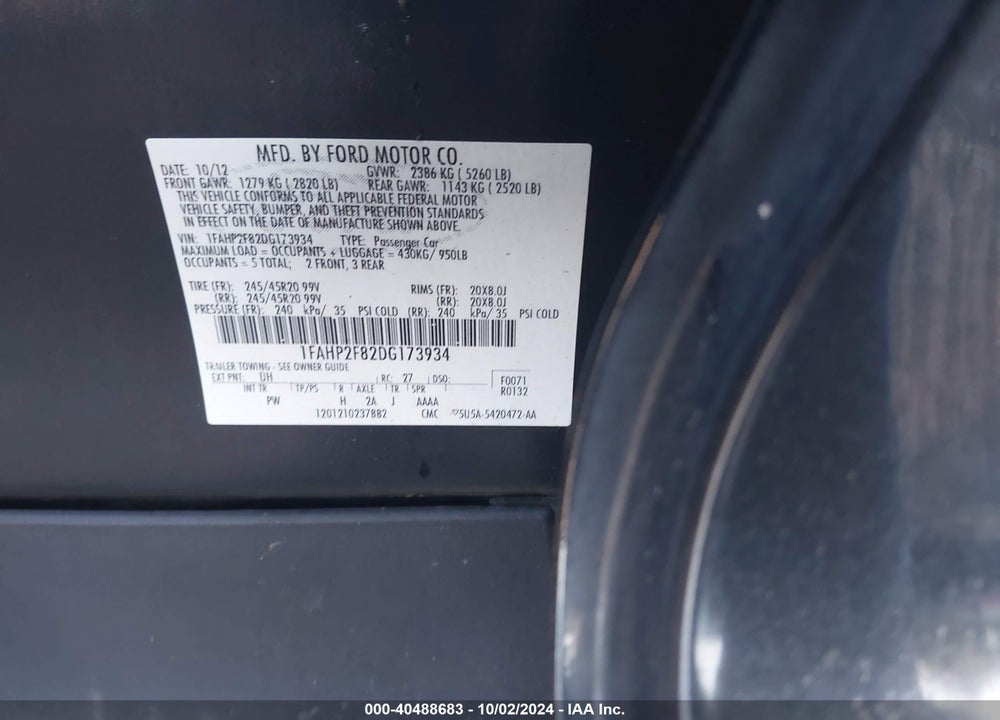 2013 FORD TAURUS LIMITED VIN: 1FAHP2F82DG173934
