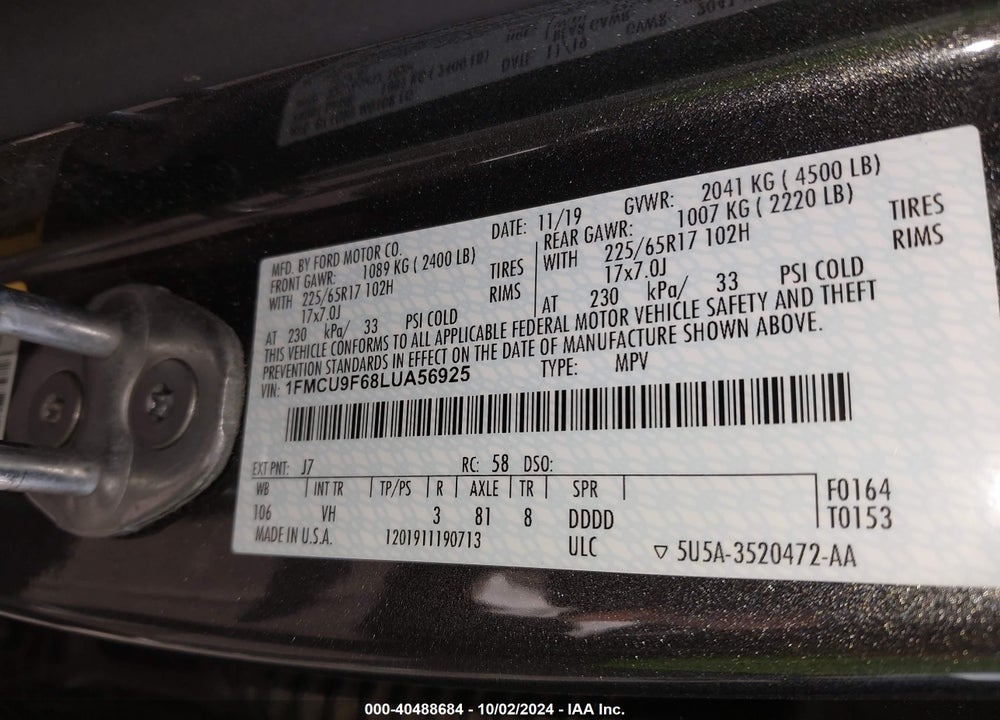 2020 FORD ESCAPE S VIN: 1FMCU9F68LUA56925