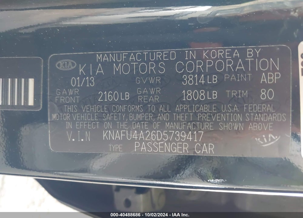 2013 KIA FORTE EX VIN: KNAFU4A26D5739417