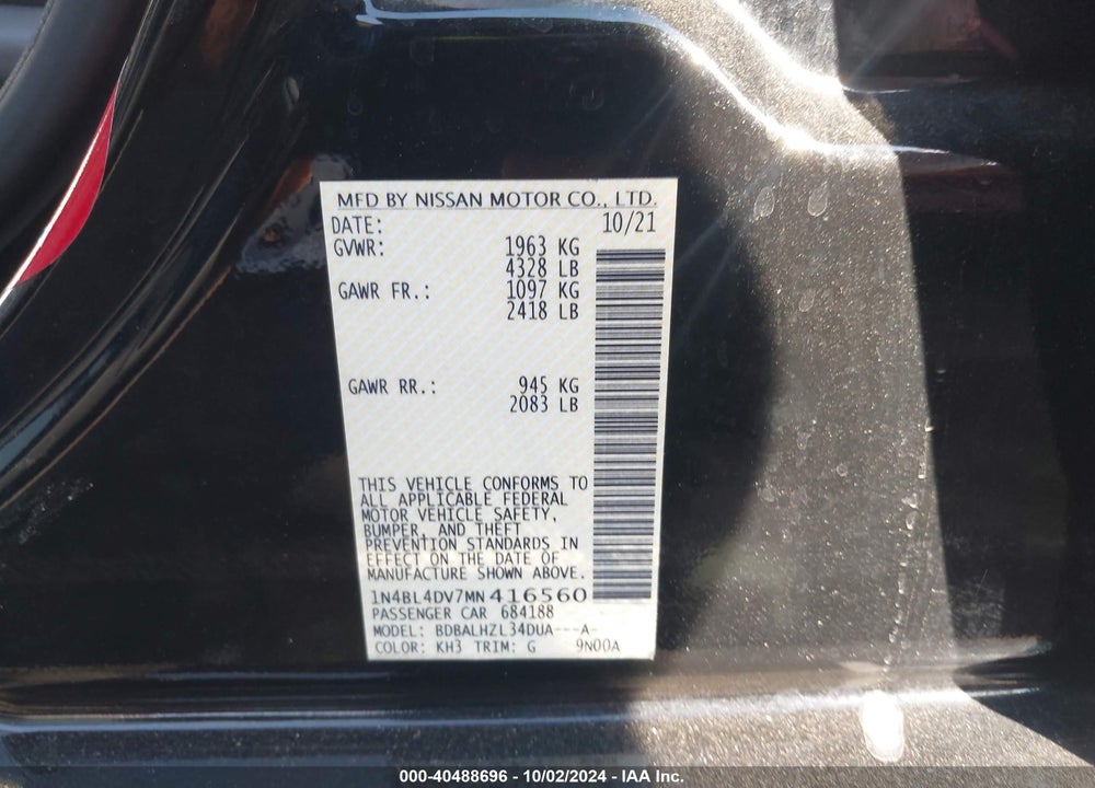 2021 NISSAN ALTIMA SV FWD VIN: 1N4BL4DV7MN416560