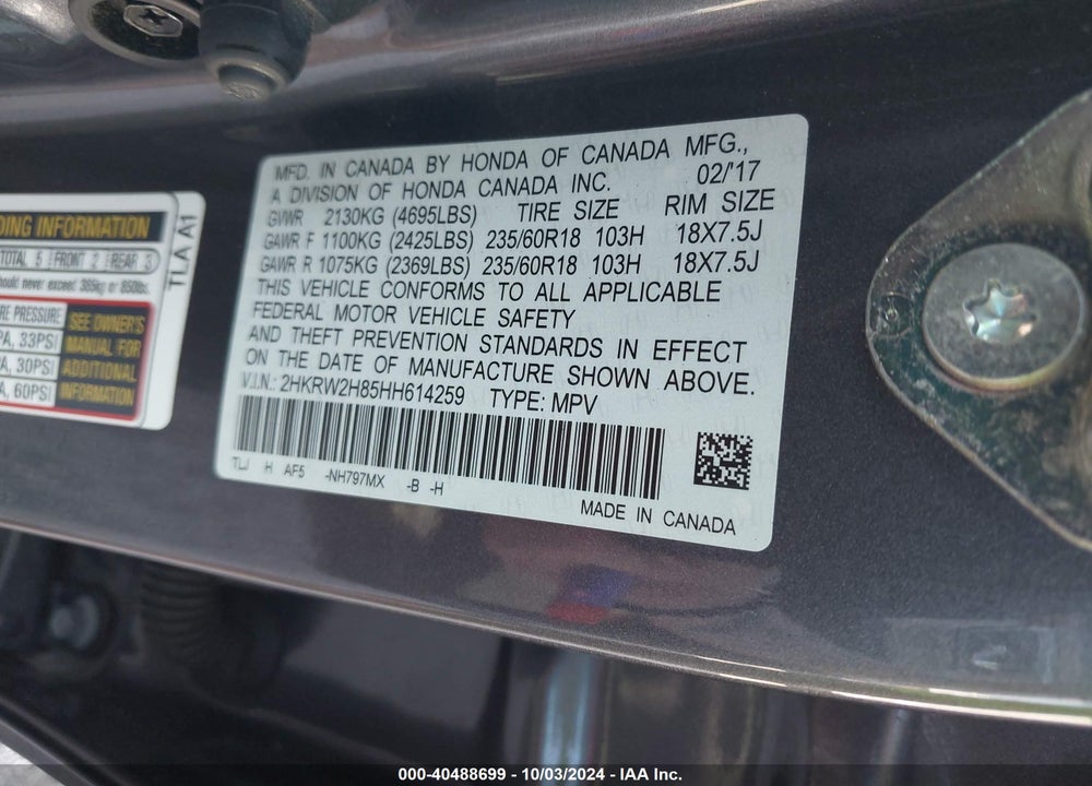 2017 HONDA CR-V EX-L/EX-L NAVI VIN: 2HKRW2H85HH614259