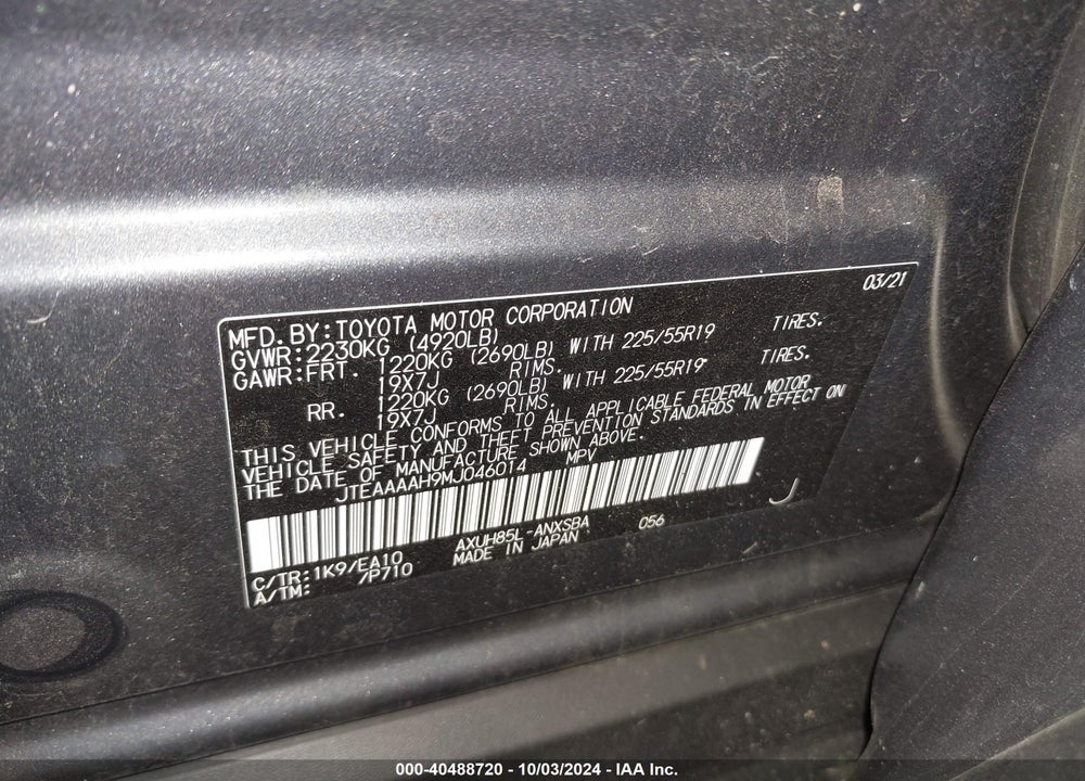 2021 TOYOTA VENZA LIMITED VIN: JTEAAAAH9MJ046014