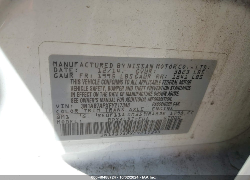 2015 NISSAN SENTRA SV VIN: 3N1AB7APXFY217348