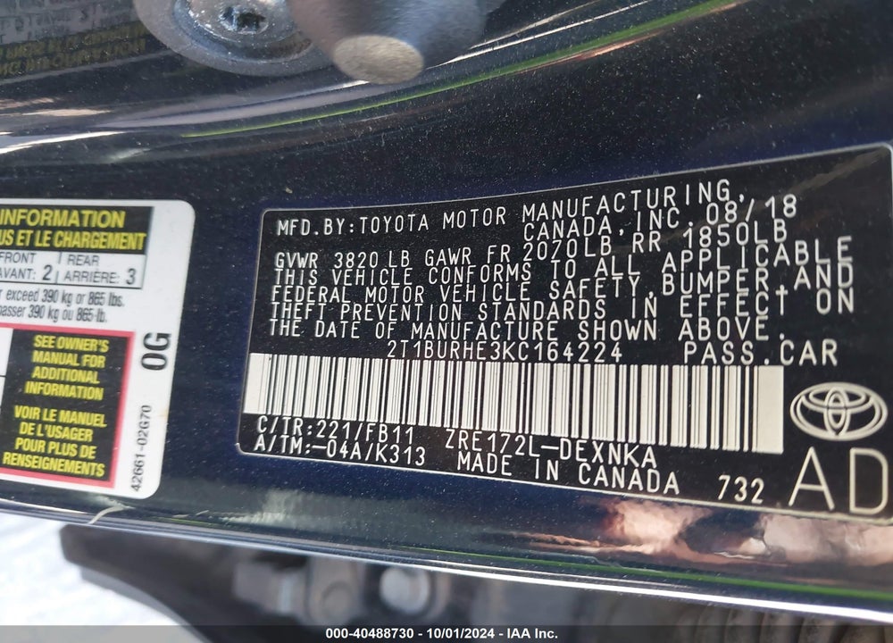 2019 TOYOTA COROLLA LE VIN: 2T1BURHE3KC164224