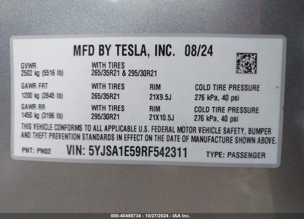 2024 TESLA MODEL S LONG RANGE VIN: 5YJSA1E59RF542311