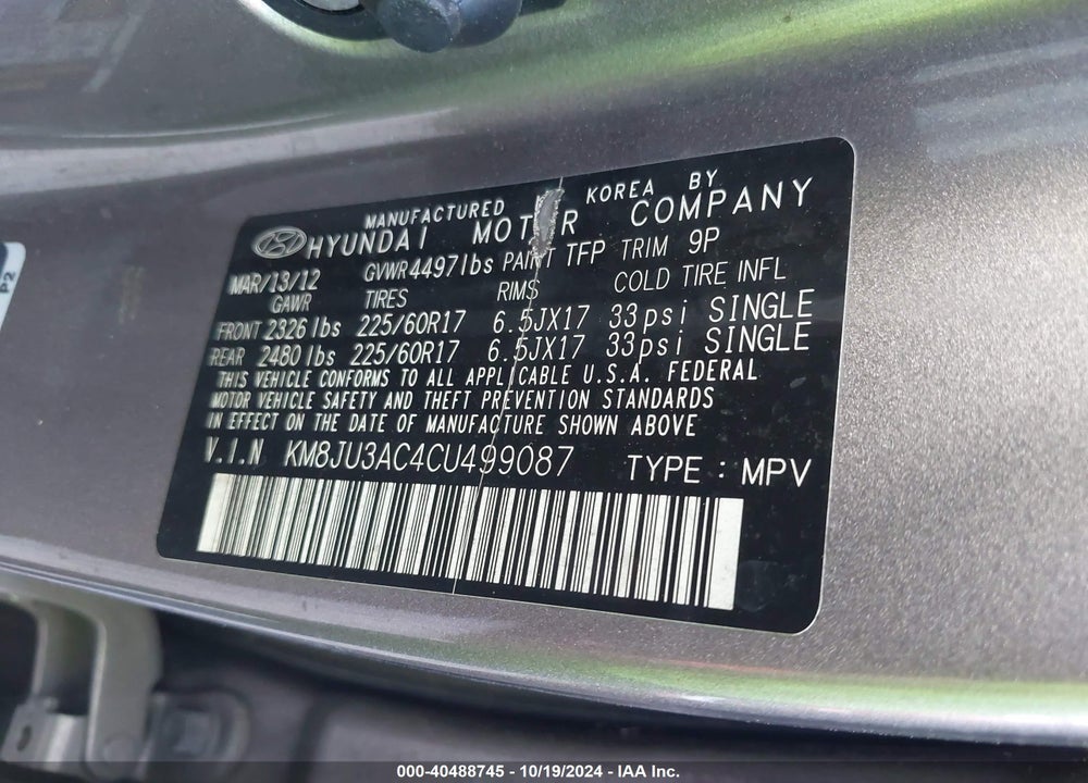 2012 HYUNDAI TUCSON GLS VIN: KM8JU3AC4CU499087