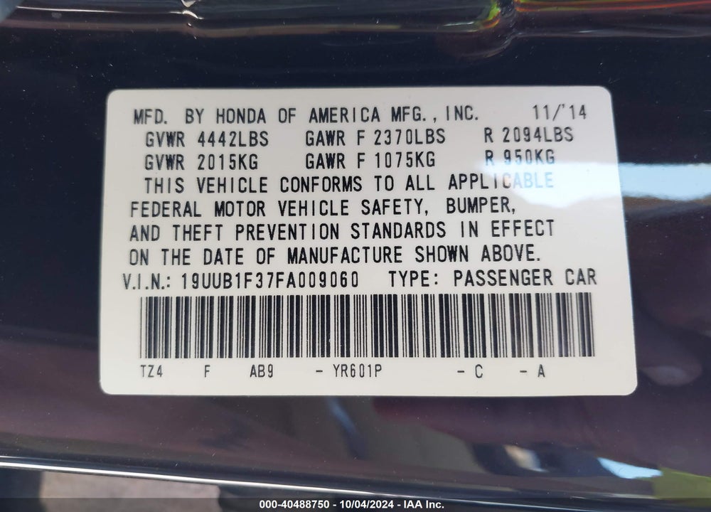 2015 ACURA TLX VIN: 19UUB1F37FA009060