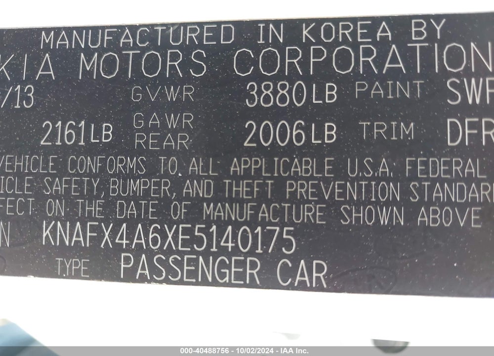2014 KIA FORTE LX VIN: KNAFX4A6XE5140175