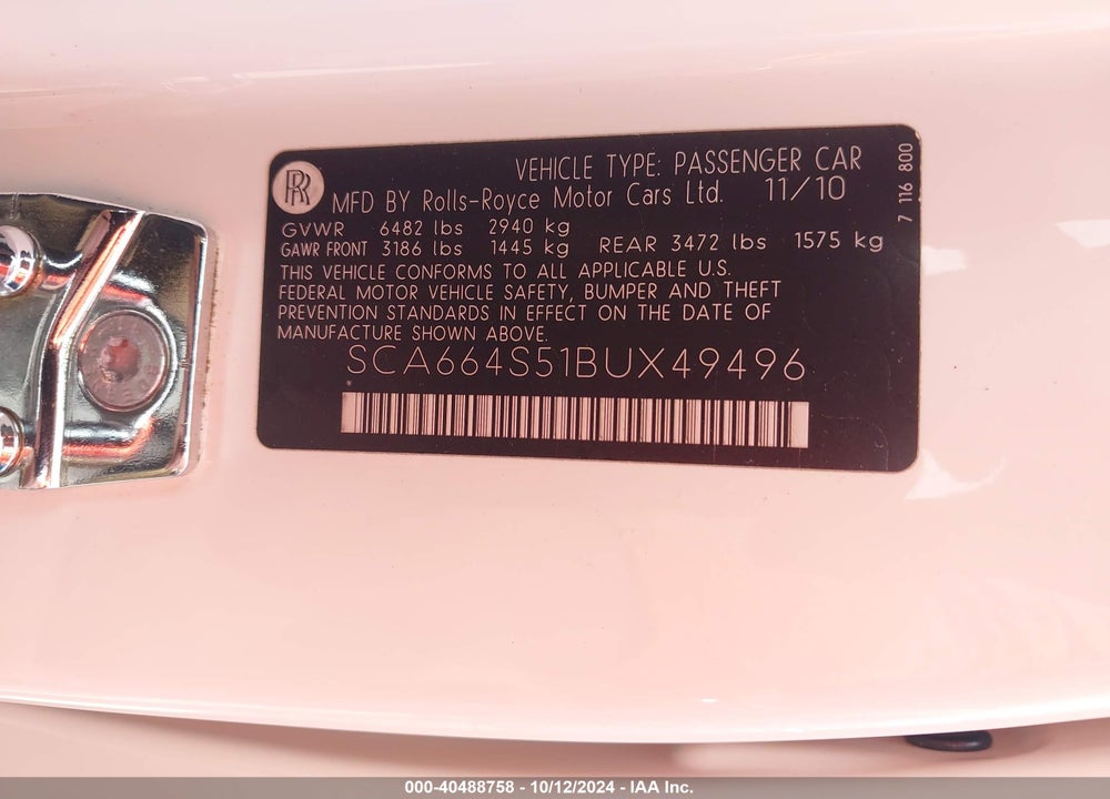 2011 ROLLS-ROYCE GHOST VIN: SCA664S51BUX49496