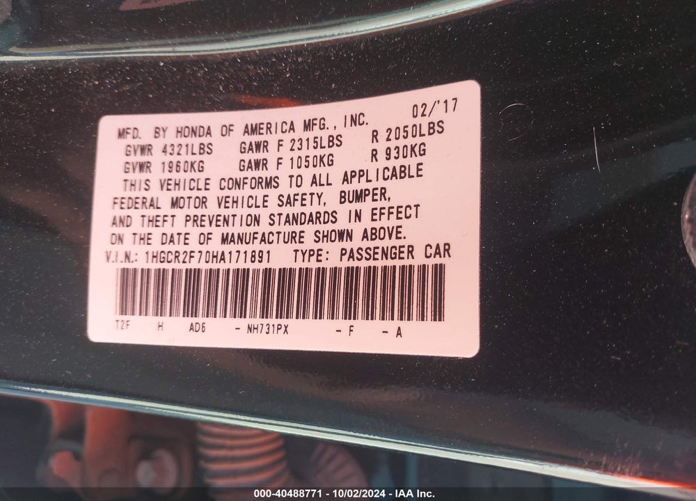 2017 HONDA ACCORD EX VIN: 1HGCR2F70HA171891
