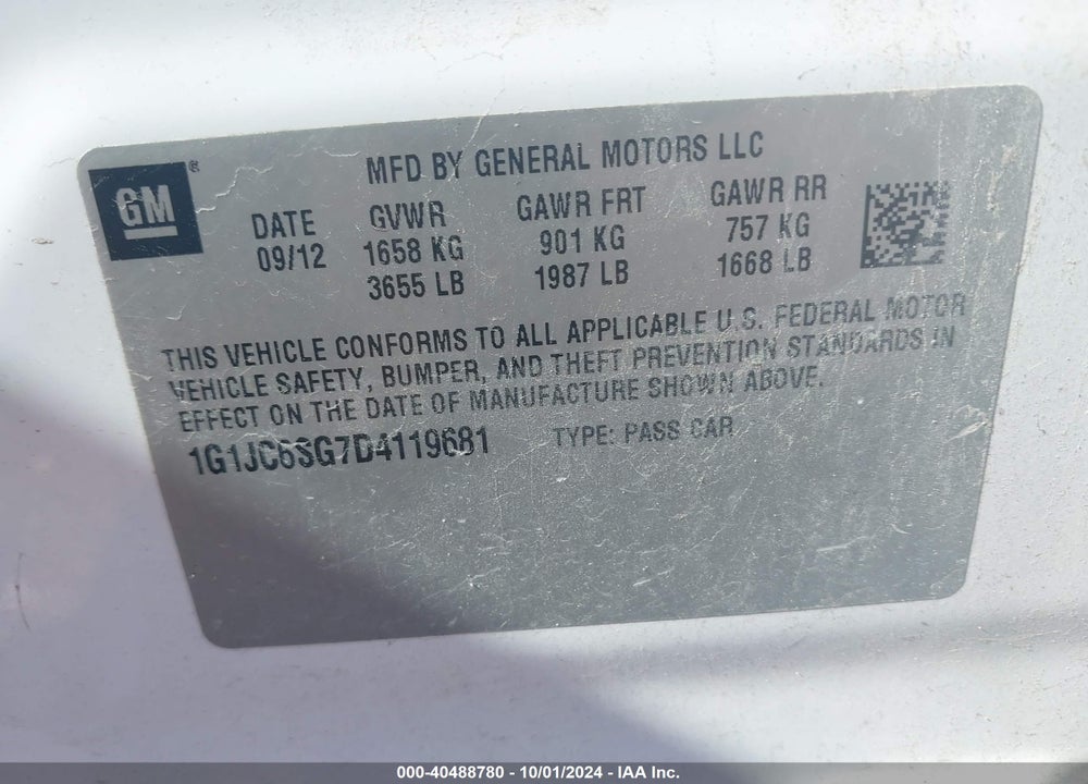 2013 CHEVROLET SONIC LT AUTO VIN: 1G1JC6SG7D4119681