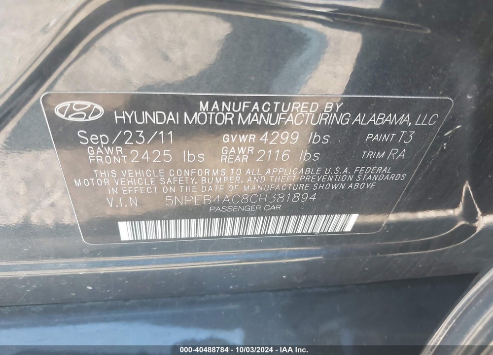 2012 HYUNDAI SONATA GLS VIN: 5NPEB4AC8CH381894