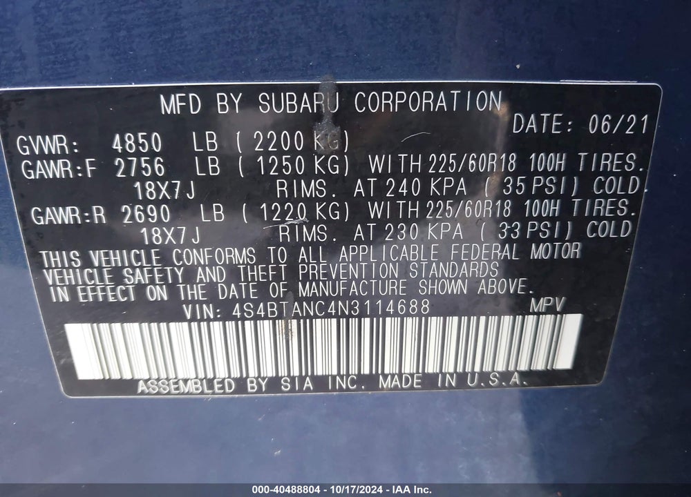 2022 SUBARU OUTBACK LIMITED VIN: 4S4BTANC4N3114688