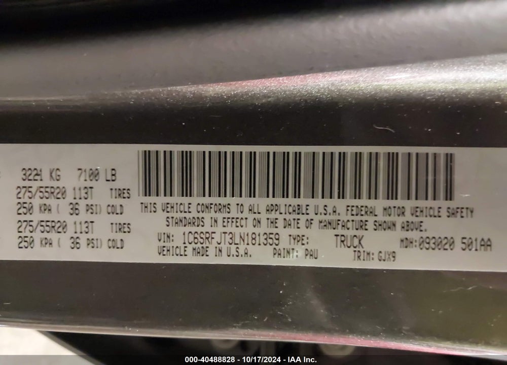 2020 RAM 1500 LAIE  4X4 5'7 BOX VIN: 1C6SRFJT3LN181359