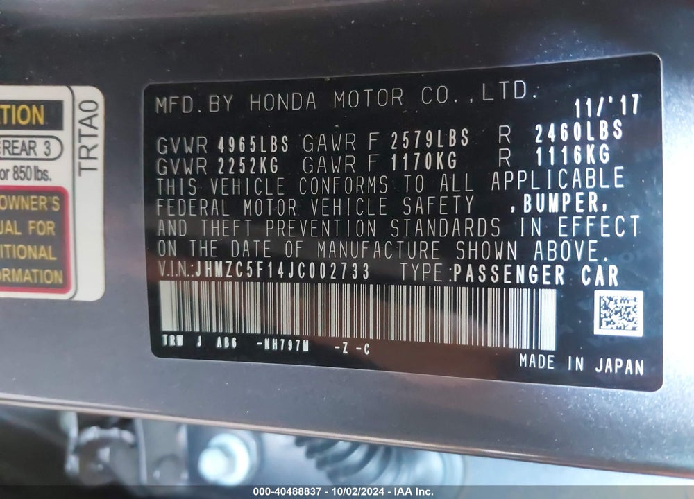 2018 HONDA CLARITY PLUG-IN HYBRID VIN: JHMZC5F14JC002733