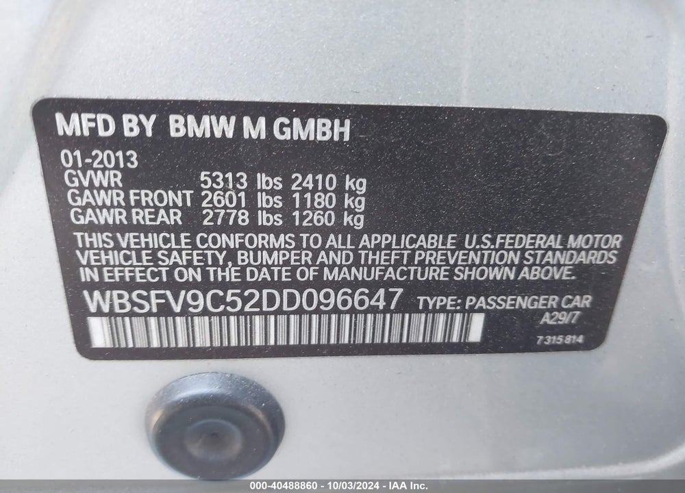 2013 BMW M5 VIN: WBSFV9C52DD096647