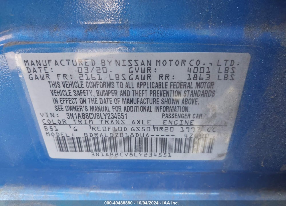 2020 NISSAN SENTRA SV XTRONIC CVT VIN: 3N1AB8CV8LY234551