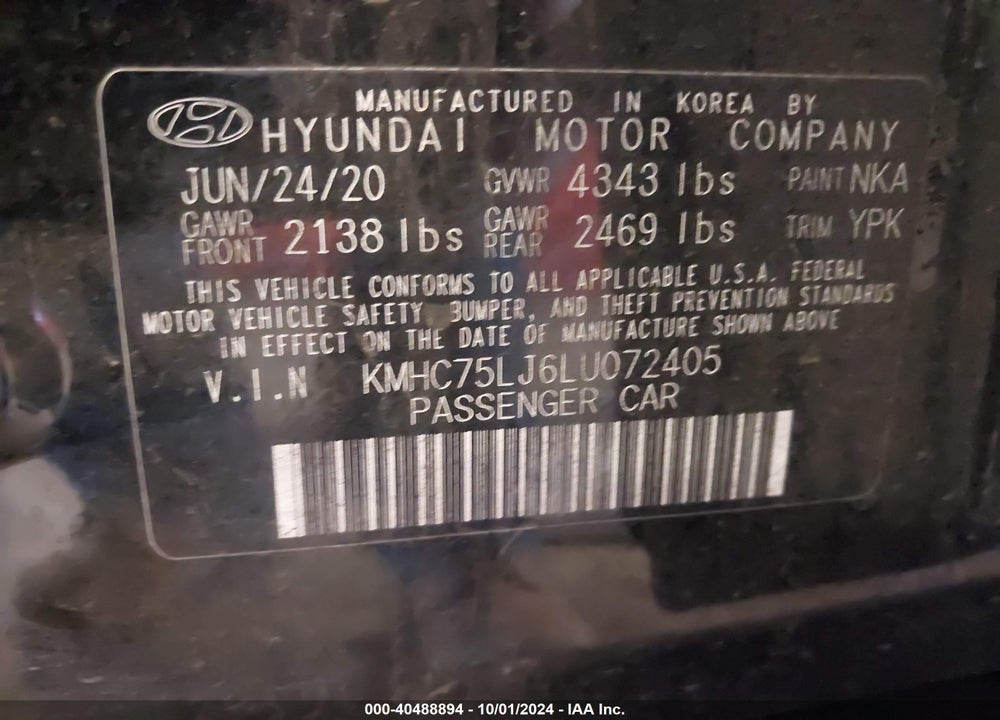 2020 HYUNDAI IONIQ ELECTRIC SE VIN: KMHC75LJ6LU072405
