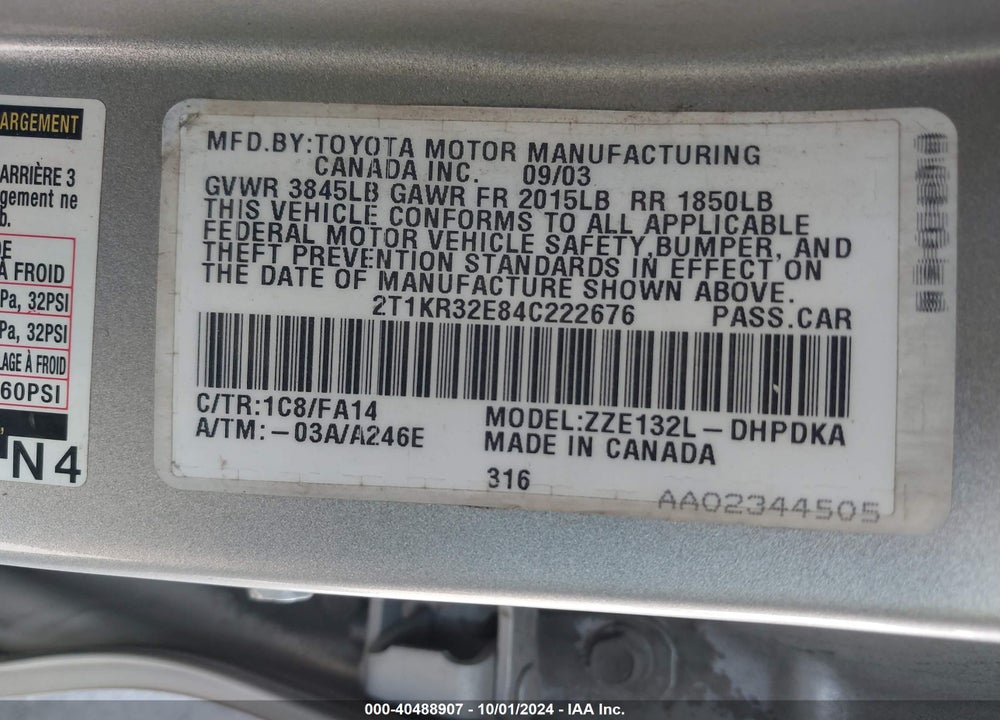 2004 TOYOTA MATRIX STANDARD VIN: 2T1KR32E84C222676