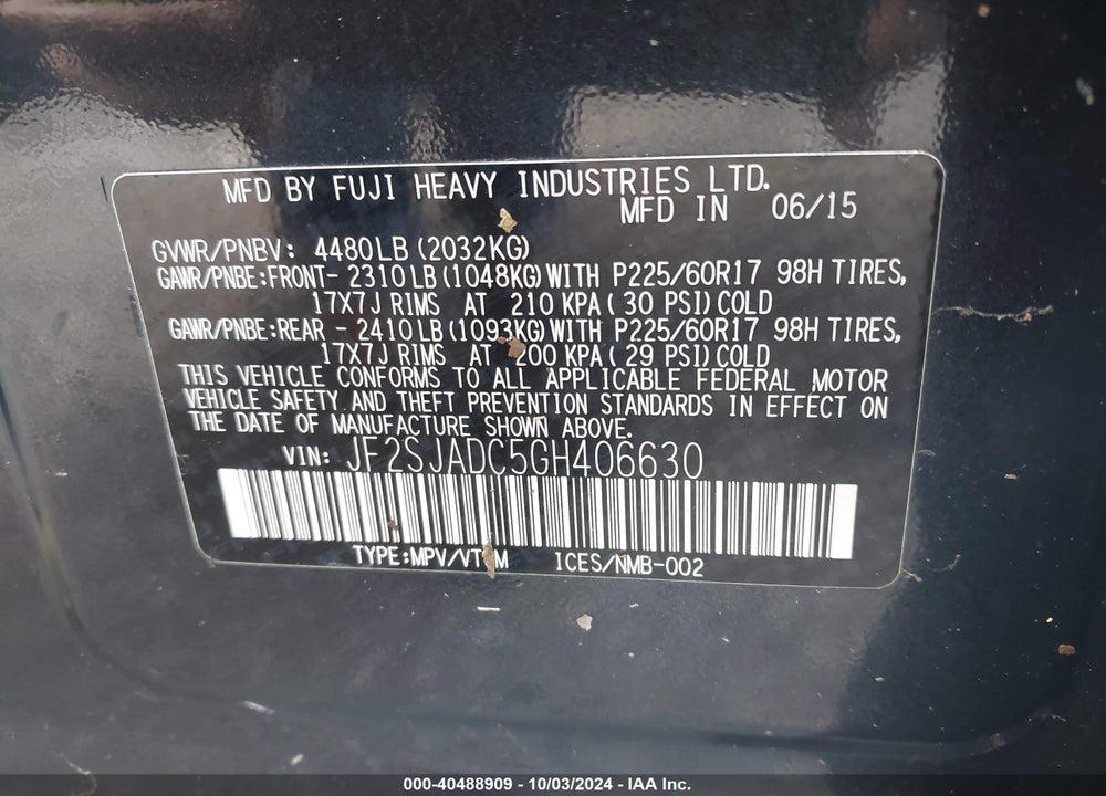 2016 SUBARU FORESTER VIN: JF2SJADC5GH406630