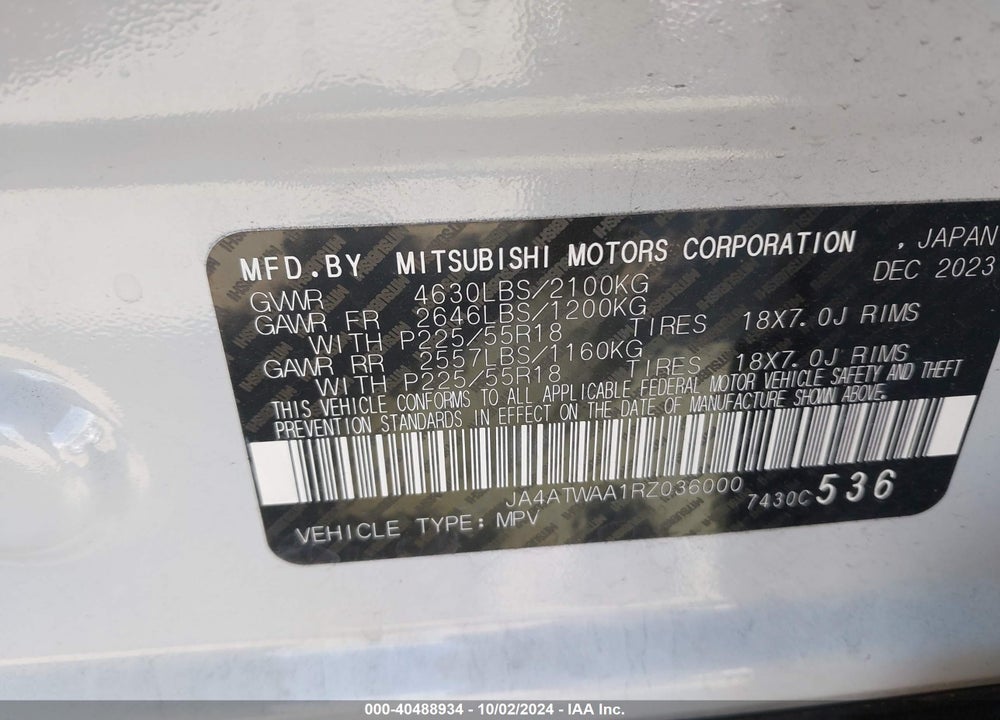 2024 MITSUBISHI ECLIPSE CROSS SE/SEL VIN: JA4ATWAA1RZ036000