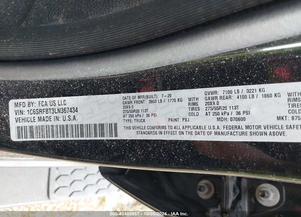 2020 RAM 1500 BIG HORN 4X4 6'4 BOX VIN: 1C6SRFBT3LN367434