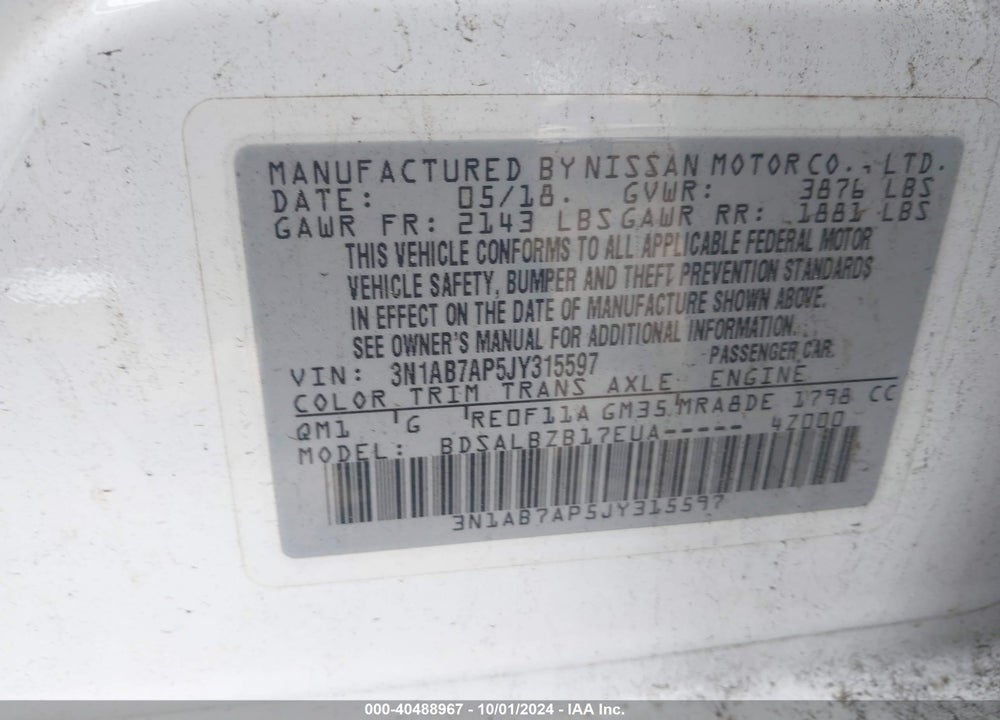2018 NISSAN SENTRA S VIN: 3N1AB7AP5JY315597