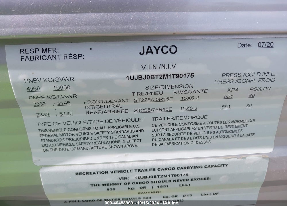 2021 JAYCO JAY FLIGHT TRAVEL TRAILER VIN: 1UJBJ0BT2M1T90175
