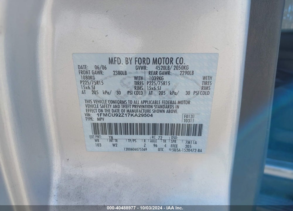 2007 FORD ESCAPE XLS/XLS MANUAL VIN: 1FMCU92Z17KA29504