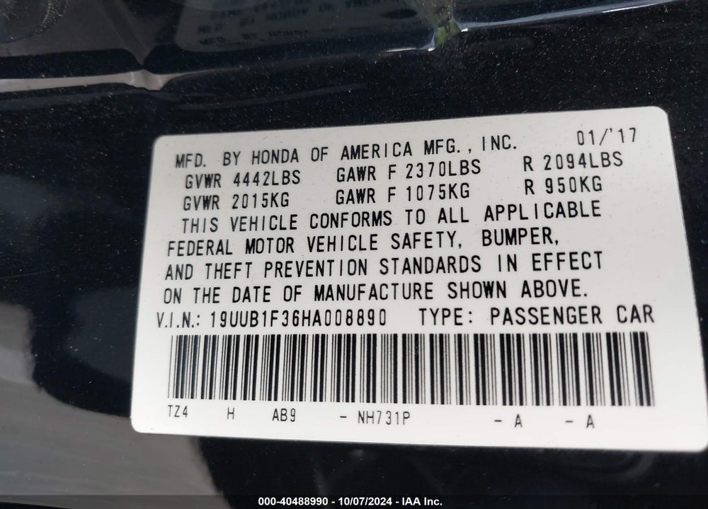 2017 ACURA TLX VIN: 19UUB1F36HA008890