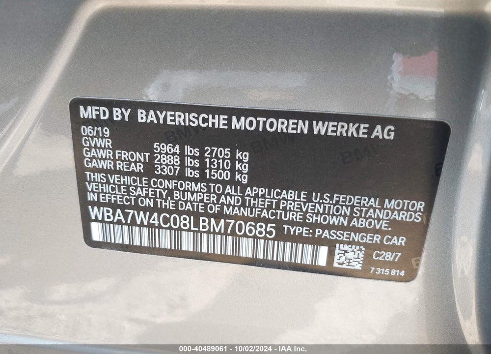 2020 BMW 745E XDRIVE IPERFORMANCE VIN: WBA7W4C08LBM70685