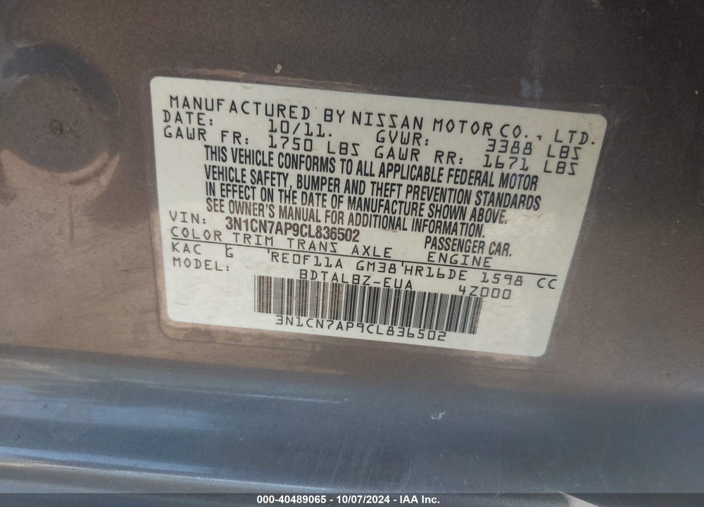 2012 NISSAN VERSA VIN: 3N1CN7AP9CL836502