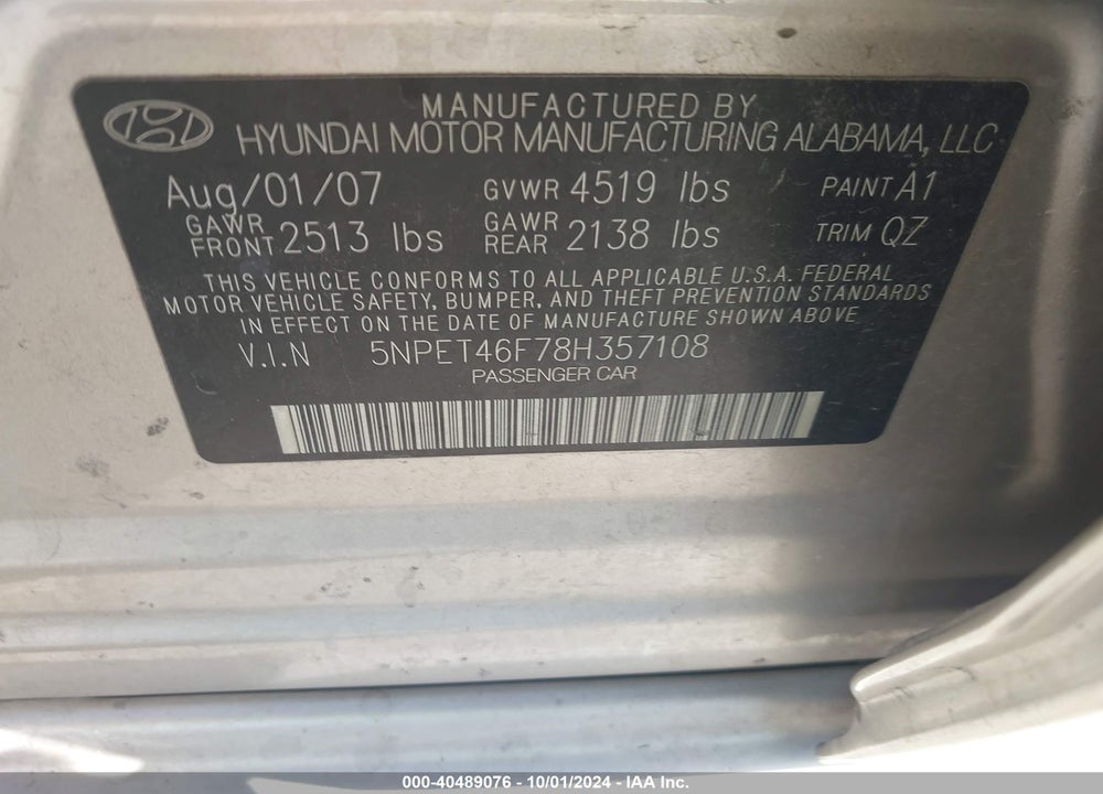 2008 HYUNDAI SONATA GLS V6 VIN: 5NPET46F78H357108