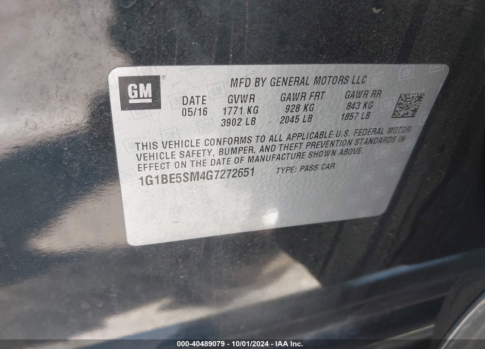 2016 CHEVROLET CRUZE LT AUTO VIN: 1G1BE5SM4G7272651