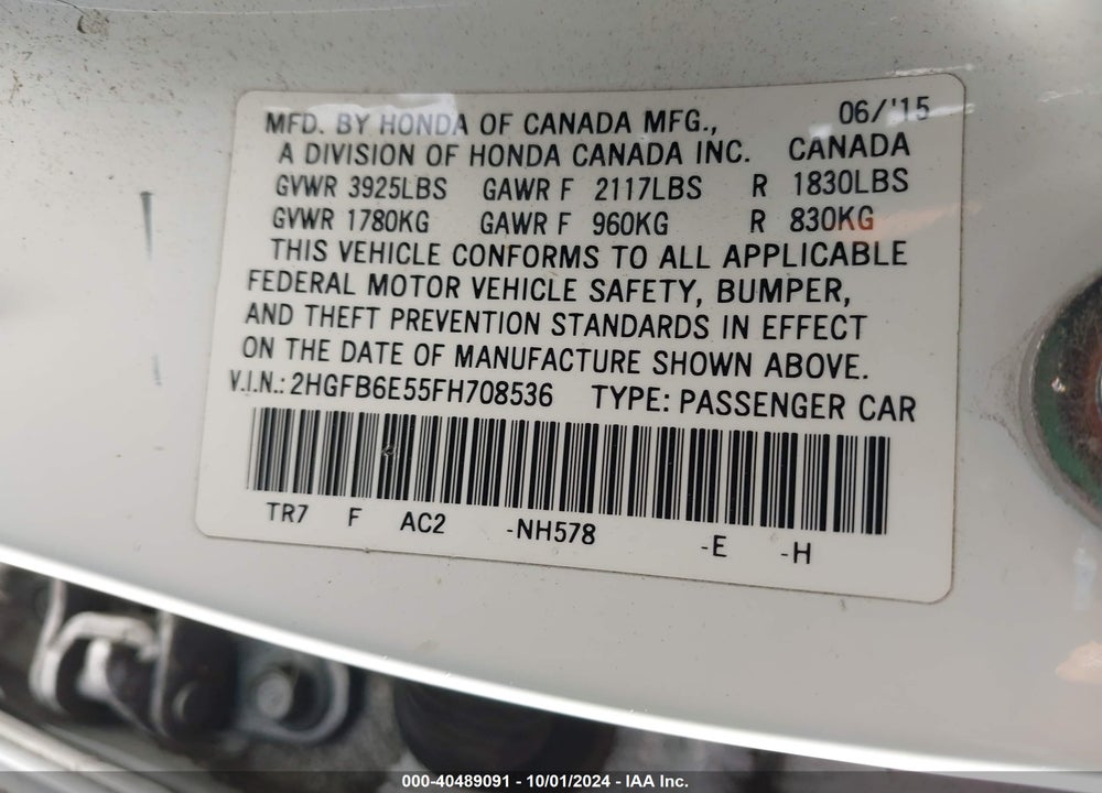 2015 HONDA CIVIC SI VIN: 2HGFB6E55FH708536